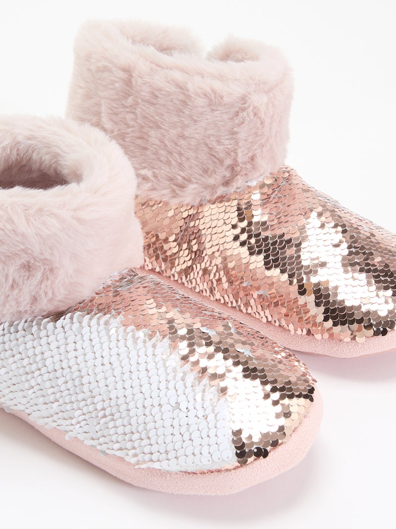 Botas de quarto com efeito pele de carneiro e lantejoulas Rosa - Kiabi