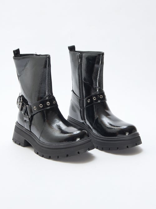 Botas estilo motociclista em verniz liso - Kiabi