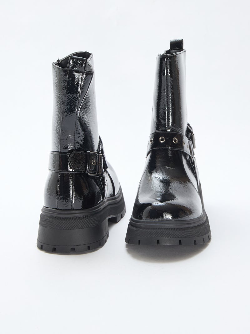 Botas estilo motociclista em verniz liso Preto - Kiabi