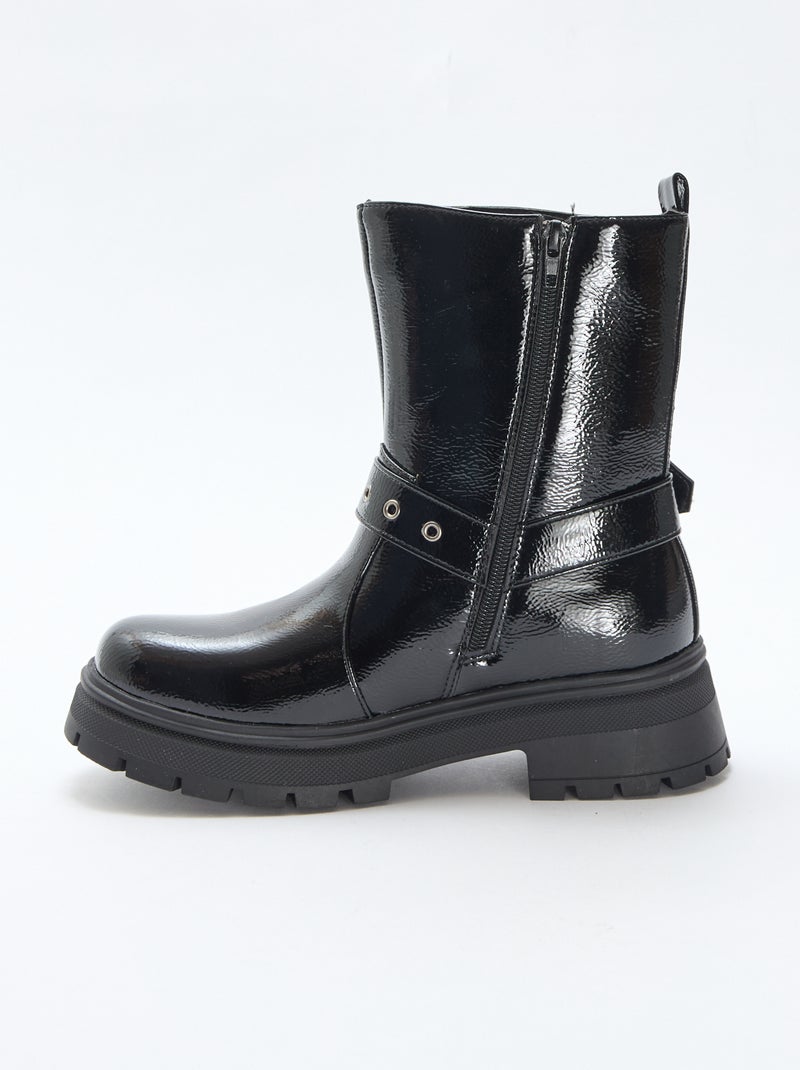 Botas estilo motociclista em verniz liso Preto - Kiabi