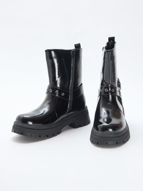 Botas estilo motociclista em verniz liso - Kiabi