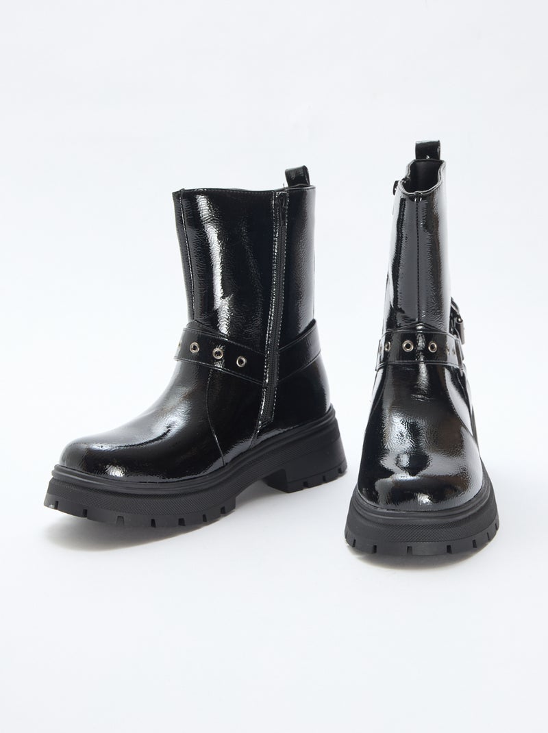 Botas estilo motociclista em verniz liso Preto - Kiabi