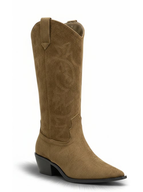 Botas santiag mulher cano alto camurça sintética salto bloco 4 cm bico afilado ozabi - Kiabi Botas santiag mulher cano alto camurça sintética salto bloco 4 cm bico afilado ozabi - Kiabi