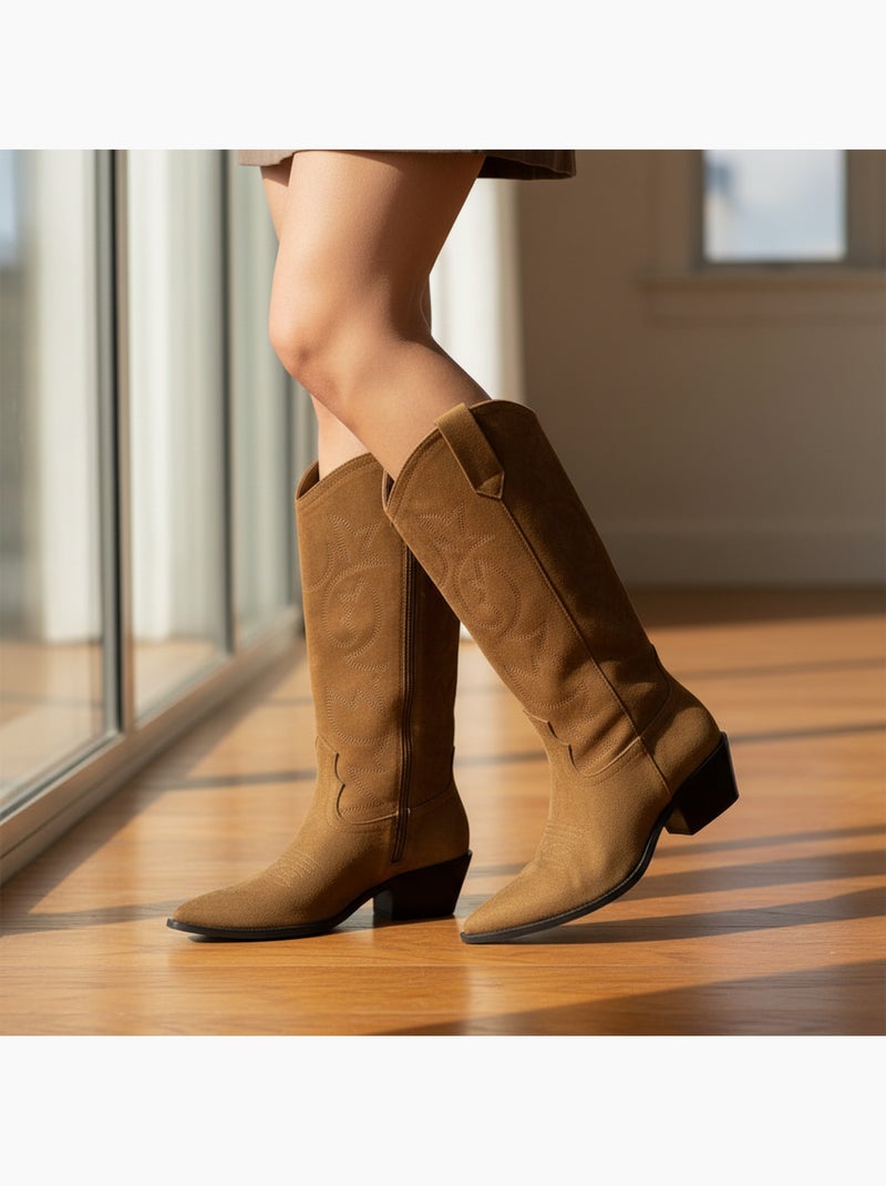 Botas santiag mulher cano alto camurça sintética salto bloco 4 cm bico afilado ozabi Castanho-caramelo - Kiabi