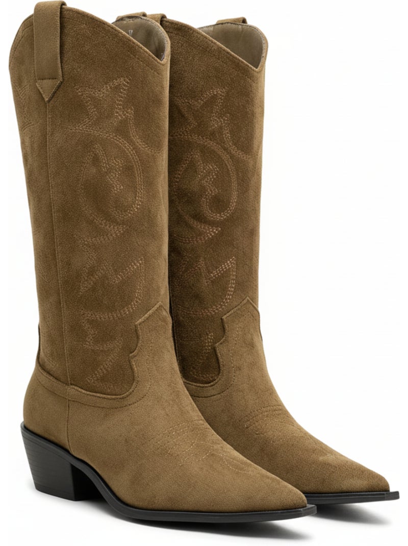 Botas santiag mulher cano alto camurça sintética salto bloco 4 cm bico afilado ozabi Castanho-caramelo - Kiabi