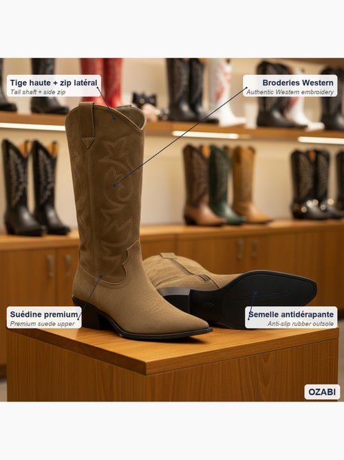 Botas santiag mulher cano alto camurça sintética salto bloco 4 cm bico afilado ozabi - Kiabi Botas santiag mulher cano alto camurça sintética salto bloco 4 cm bico afilado ozabi - Kiabi