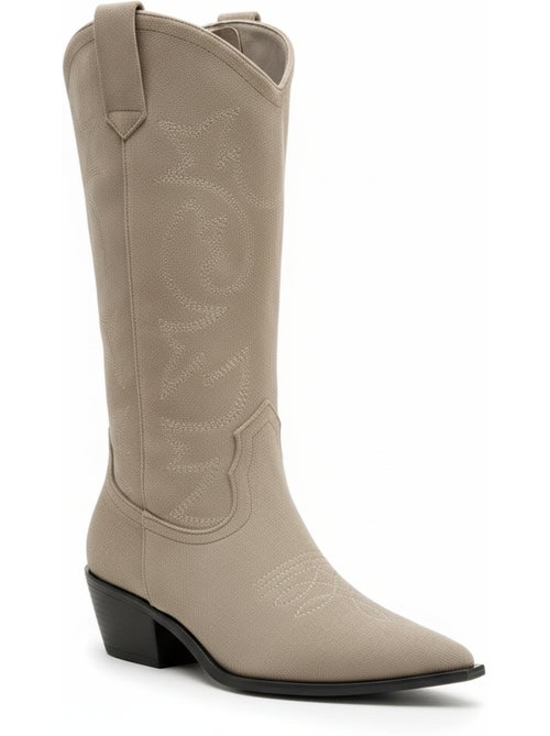 Botas santiag mulher cano alto camurça sintética salto bloco 4 cm bico afilado ozabi - Kiabi Botas santiag mulher cano alto camurça sintética salto bloco 4 cm bico afilado ozabi - Kiabi