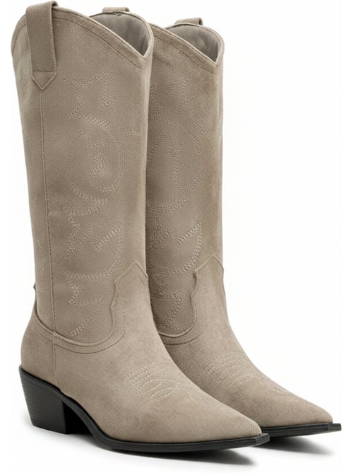 Botas santiag mulher cano alto camurça sintética salto bloco 4 cm bico afilado ozabi - Kiabi Botas santiag mulher cano alto camurça sintética salto bloco 4 cm bico afilado ozabi - Kiabi