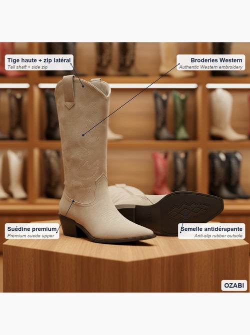 Botas santiag mulher cano alto camurça sintética salto bloco 4 cm bico afilado ozabi - Kiabi Botas santiag mulher cano alto camurça sintética salto bloco 4 cm bico afilado ozabi - Kiabi