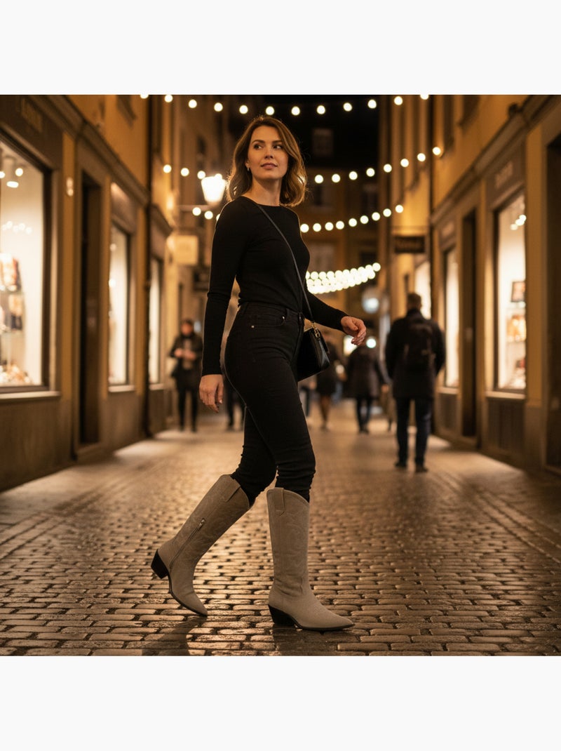 Botas santiag mulher cano alto camurça sintética salto bloco 4 cm bico afilado ozabi Toupe - Kiabi