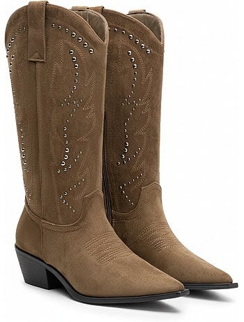 Botas santiag mulher cano alto camurça sintética tachas salto bloco 4 cm ozabi
