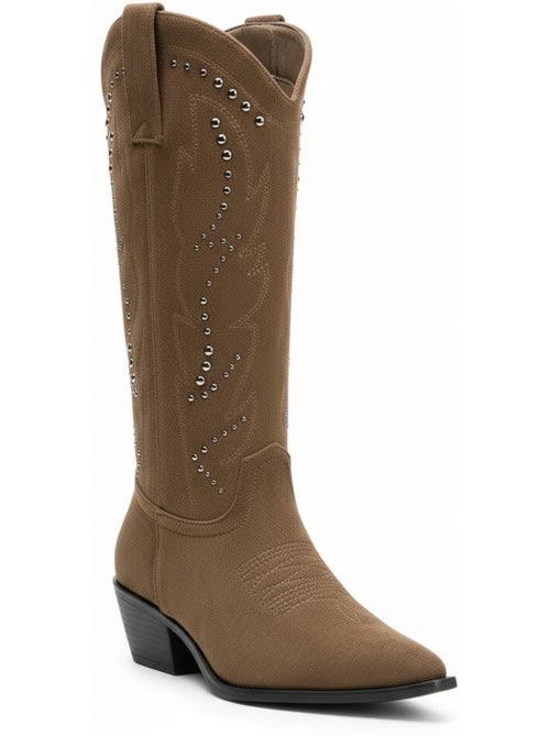 Botas santiag mulher cano alto camurça sintética tachas salto bloco 4 cm ozabi - Kiabi Botas santiag mulher cano alto camurça sintética tachas salto bloco 4 cm ozabi - Kiabi