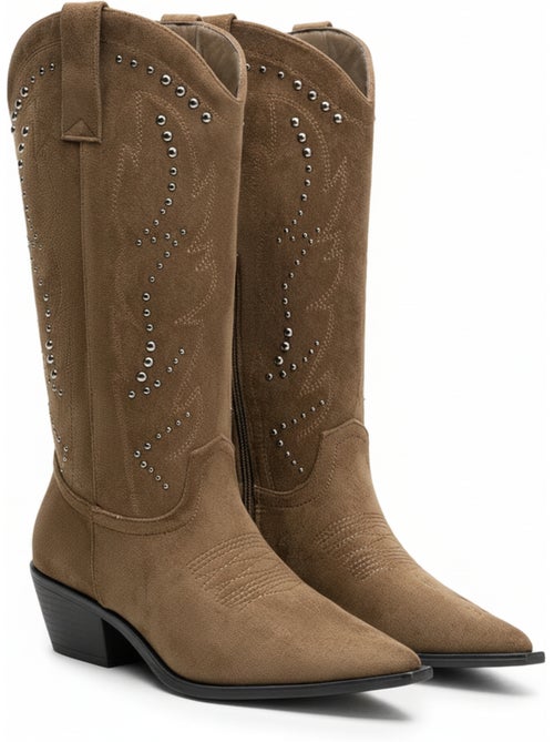 Botas santiag mulher cano alto camurça sintética tachas salto bloco 4 cm ozabi - Kiabi Botas santiag mulher cano alto camurça sintética tachas salto bloco 4 cm ozabi - Kiabi