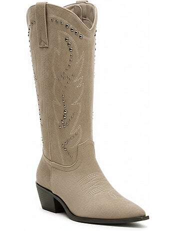 Botas santiag mulher cano alto camurça sintética tachas salto bloco 4 cm ozabi