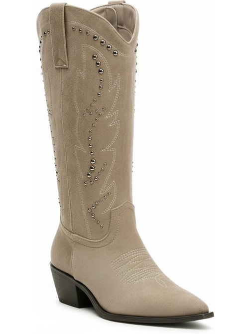Botas santiag mulher cano alto camurça sintética tachas salto bloco 4 cm ozabi - Kiabi Botas santiag mulher cano alto camurça sintética tachas salto bloco 4 cm ozabi - Kiabi