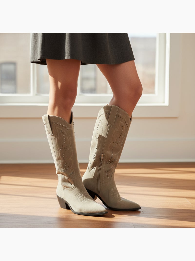 Botas santiag mulher cano alto camurça sintética tachas salto bloco 4 cm ozabi Toupe - Kiabi
