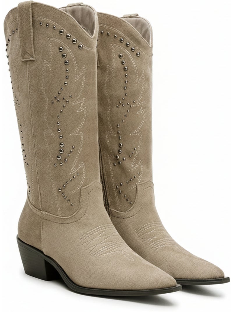Botas santiag mulher cano alto camurça sintética tachas salto bloco 4 cm ozabi Toupe - Kiabi