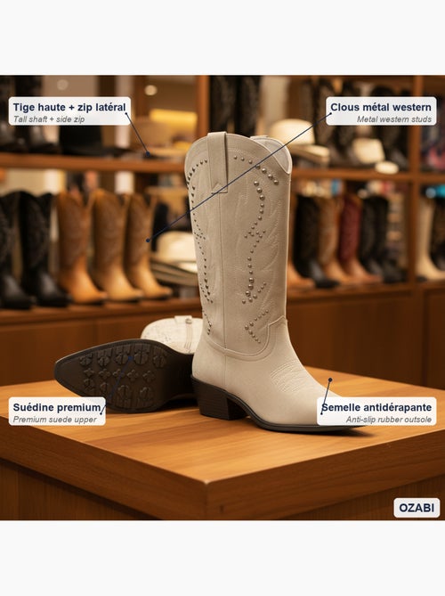 Botas santiag mulher cano alto camurça sintética tachas salto bloco 4 cm ozabi - Kiabi Botas santiag mulher cano alto camurça sintética tachas salto bloco 4 cm ozabi - Kiabi