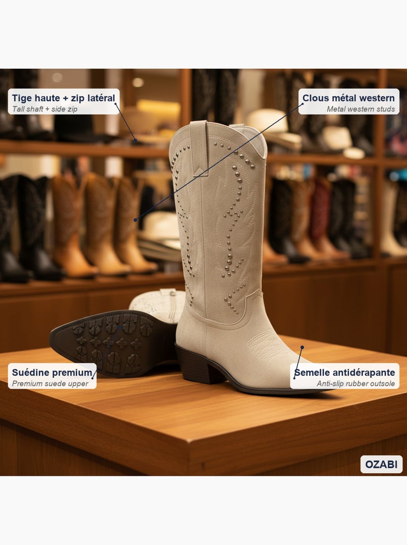 Botas santiag mulher cano alto camurça sintética tachas salto bloco 4 cm ozabi Toupe - Kiabi