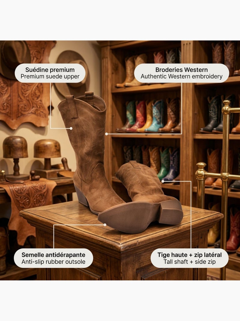 Botas santiag mulher perna alta camurça salto bloco 6 cm bico fino ozabi Castanho-caramelo - Kiabi