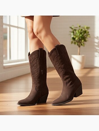 Botas santiag mulher perna alta camurça salto bloco 6 cm bico fino ozabi