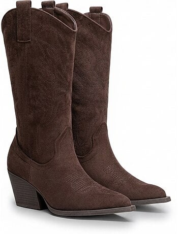 Botas santiag mulher perna alta camurça salto bloco 6 cm bico fino ozabi