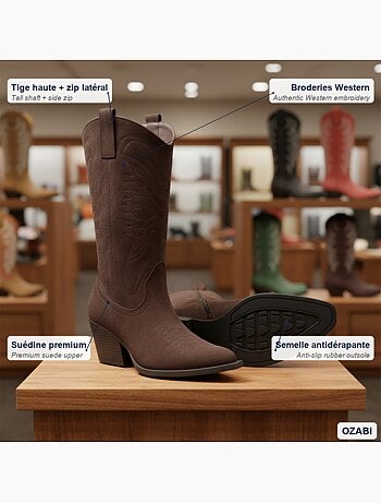 Botas santiag mulher perna alta camurça salto bloco 6 cm bico fino ozabi