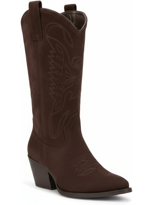 Botas santiag mulher perna alta camurça salto bloco 6 cm bico fino ozabi - Kiabi Botas santiag mulher perna alta camurça salto bloco 6 cm bico fino ozabi - Kiabi