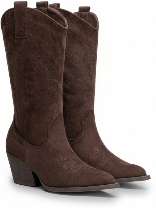 Botas santiag mulher perna alta camurça salto bloco 6 cm bico fino ozabi - Kiabi Botas santiag mulher perna alta camurça salto bloco 6 cm bico fino ozabi - Kiabi