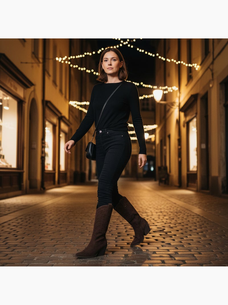 Botas santiag mulher perna alta camurça salto bloco 6 cm bico fino ozabi Castanho - Kiabi