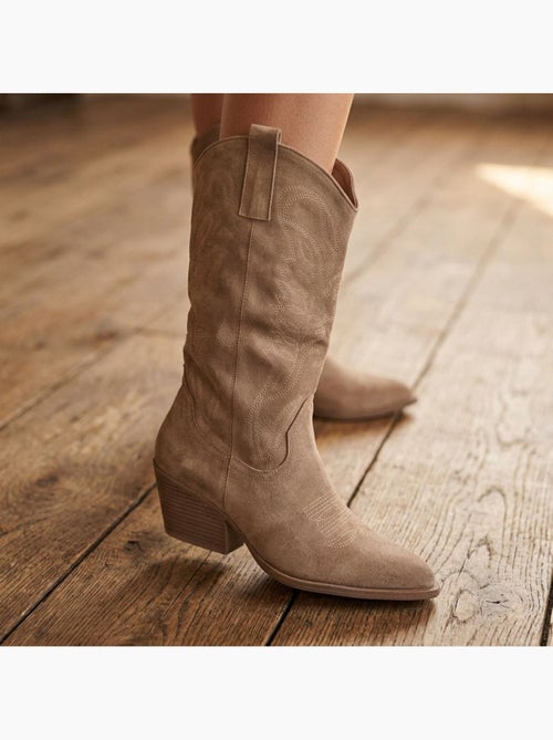 Botas santiag mulher perna alta camurça salto bloco 6 cm bico fino ozabi - Kiabi