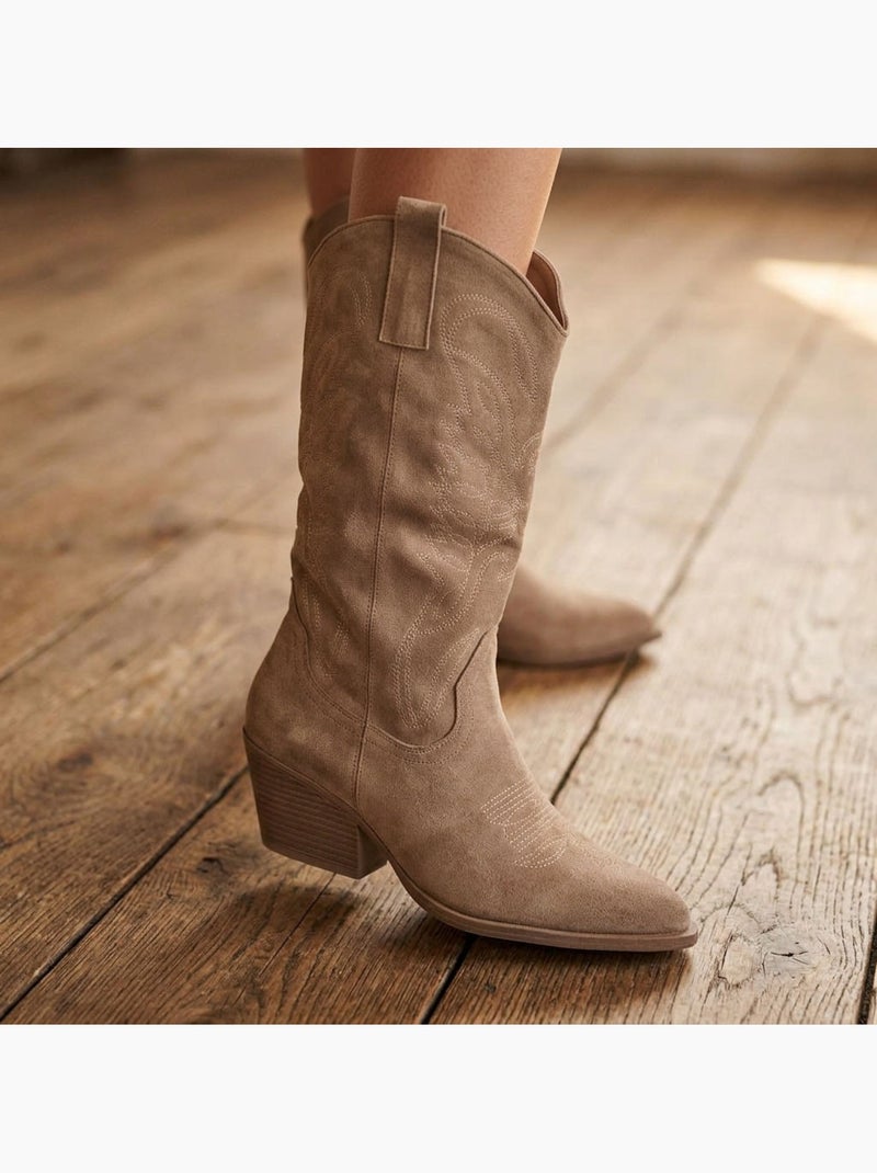 Botas santiag mulher perna alta camurça salto bloco 6 cm bico fino ozabi Toupe - Kiabi