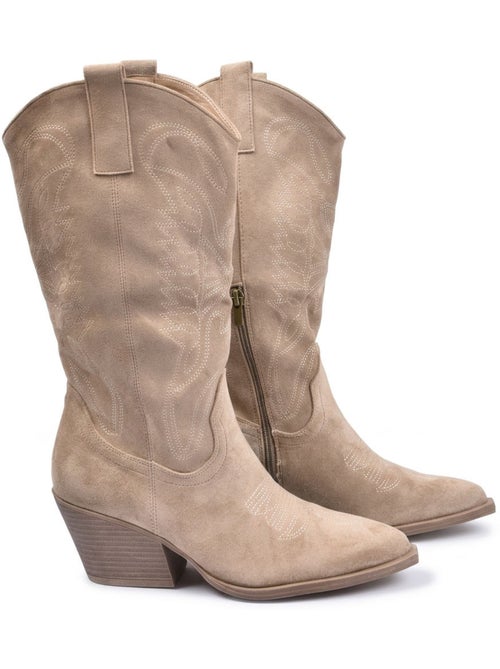 Botas santiag mulher perna alta camurça salto bloco 6 cm bico fino ozabi - Kiabi