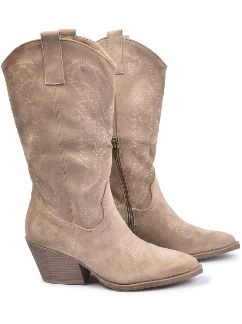 Botas santiag mulher perna alta camurça salto bloco 6 cm bico fino ozabi Toupe - Kiabi