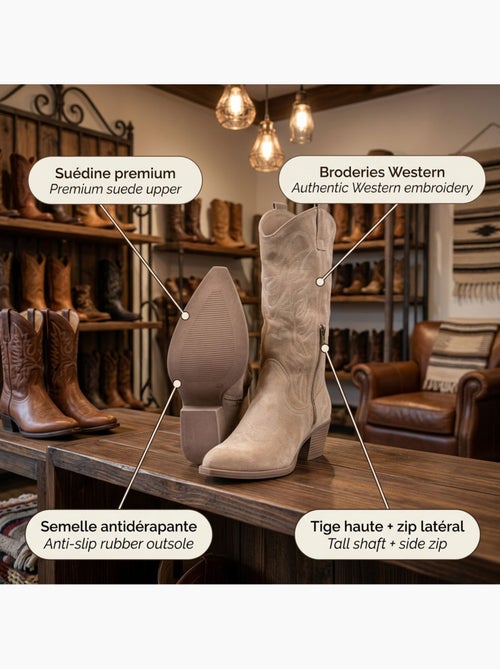 Botas santiag mulher perna alta camurça salto bloco 6 cm bico fino ozabi - Kiabi
