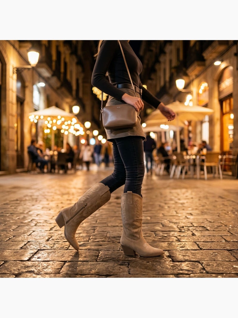 Botas santiag mulher perna alta camurça salto bloco 6 cm bico fino ozabi Toupe - Kiabi