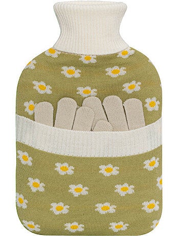 Botija de água quente com luvas e capa de malha motivo flores