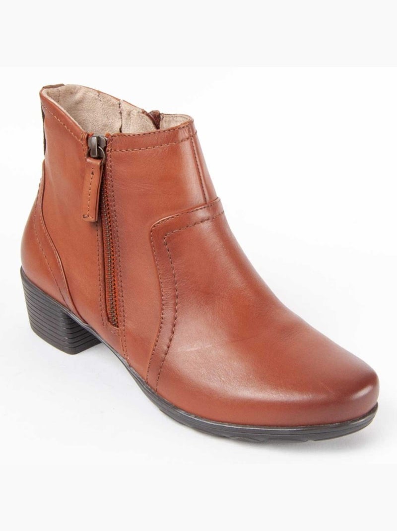 Botim Com Salto Couro Natural Purapiel Castanho - Kiabi