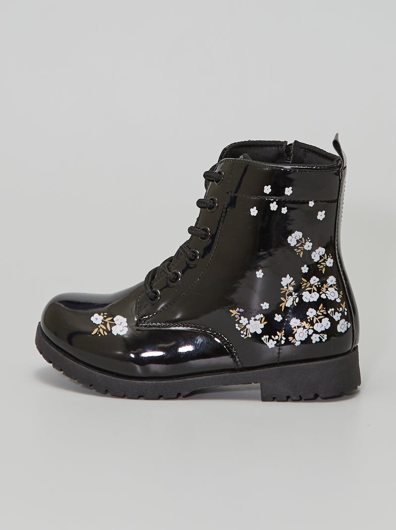 Botins de verniz com motivos 'flores' Preto - Kiabi