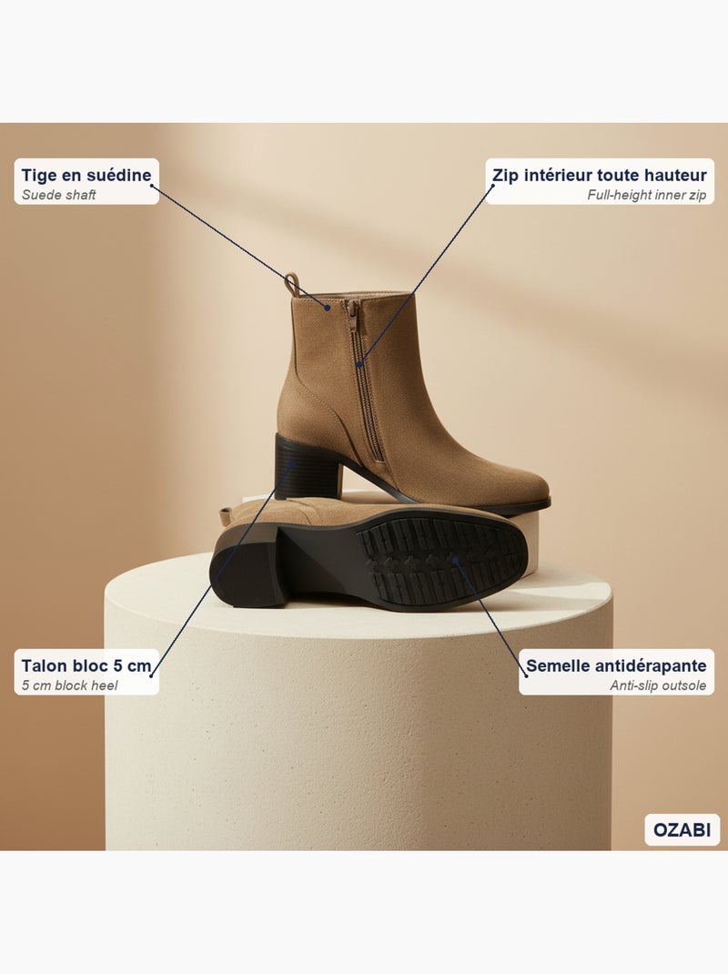 Botins mulher camurça fecho de correr salto bloco 5 cm biqueirão redondo Castanho-caramelo - Kiabi
