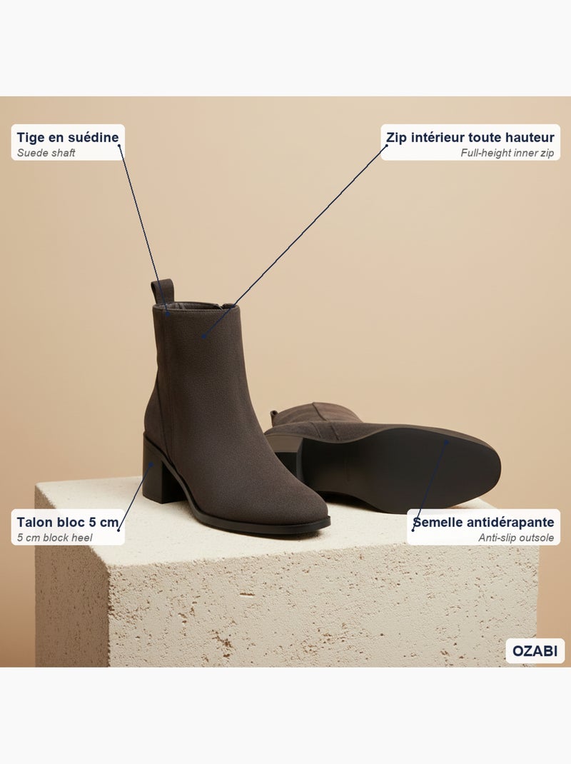 Botins mulher camurça fecho de correr salto bloco 5 cm biqueirão redondo Castanho - Kiabi