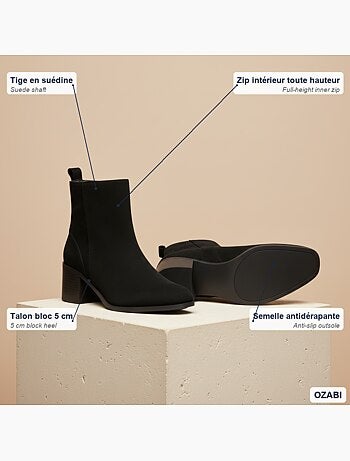 Botins mulher camurça fecho de correr salto bloco 5 cm biqueirão redondo
