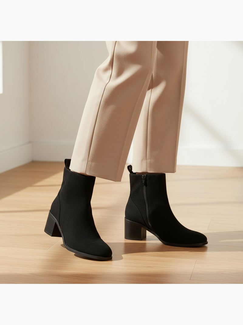 Botins mulher camurça fecho de correr salto bloco 5 cm biqueirão redondo Preto - Kiabi
