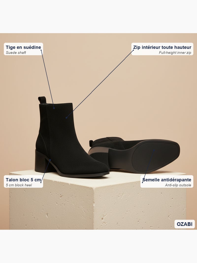 Botins mulher camurça fecho de correr salto bloco 5 cm biqueirão redondo Preto - Kiabi