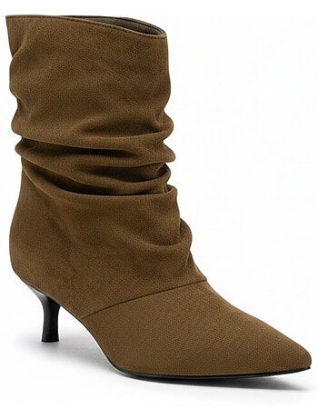 Botins mulher camurça pregueada salto fino 4 cm bico apontado ozabi