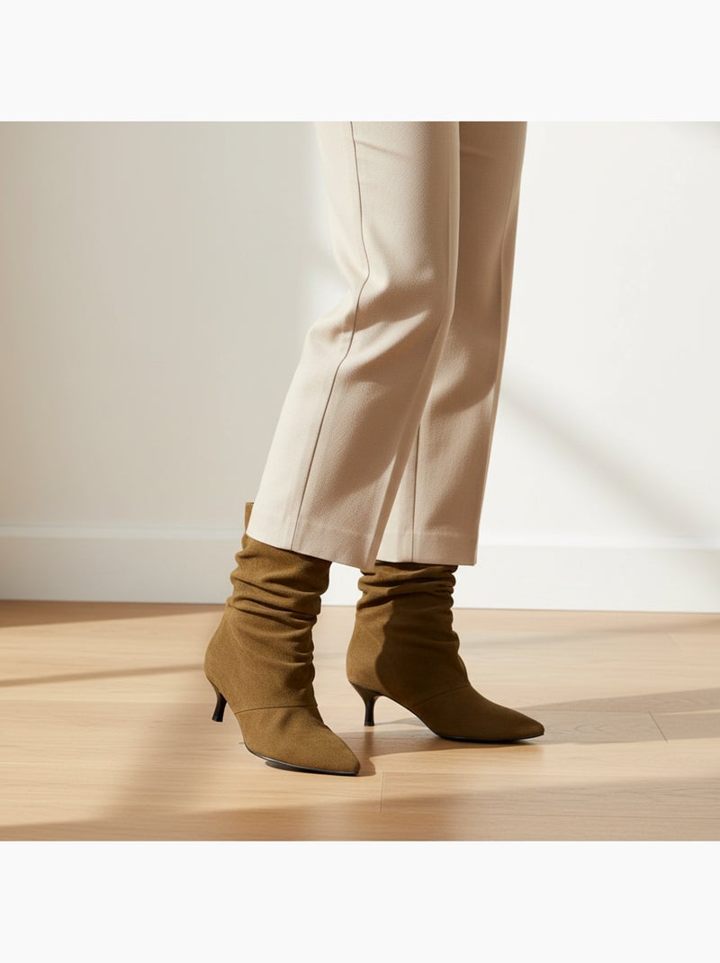 Botins mulher camurça pregueada salto fino 4 cm bico apontado ozabi Cognac - Kiabi