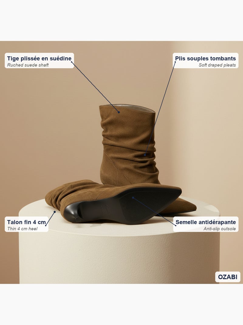 Botins mulher camurça pregueada salto fino 4 cm bico apontado ozabi Cognac - Kiabi