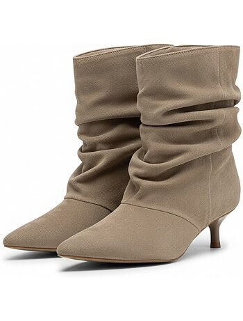 Botins mulher camurça pregueada salto fino 4 cm bico apontado ozabi