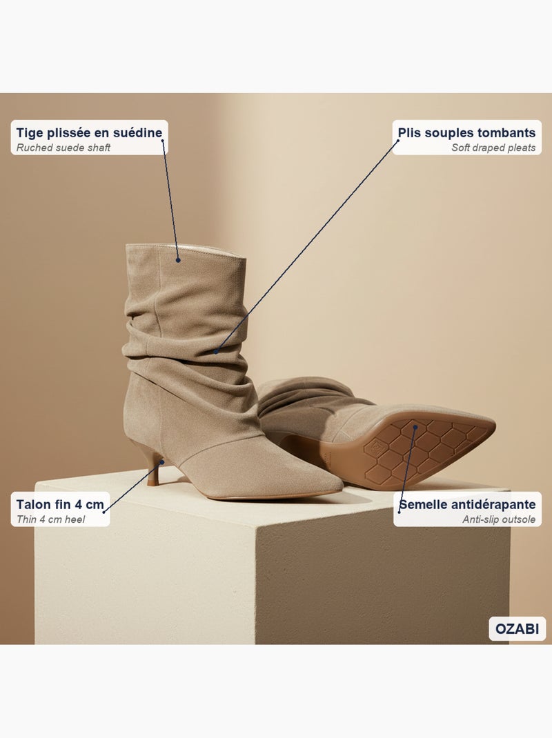 Botins mulher camurça pregueada salto fino 4 cm bico apontado ozabi Toupe - Kiabi