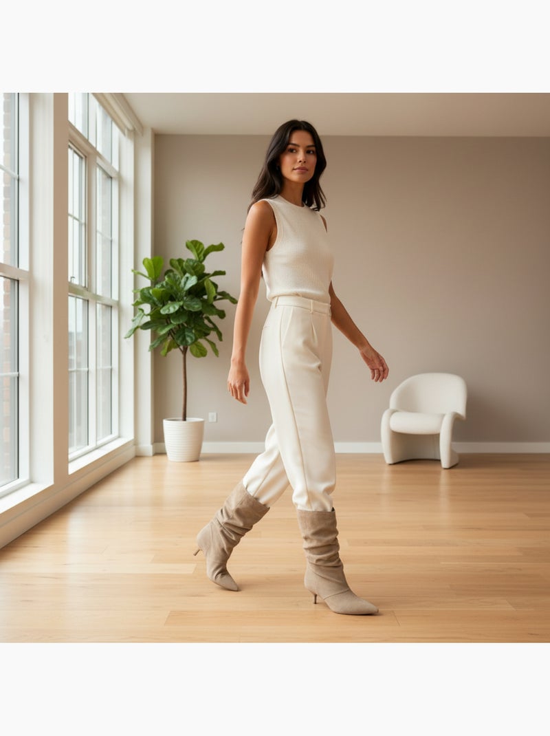 Botins mulher camurça pregueada salto fino 4 cm bico apontado ozabi Toupe - Kiabi